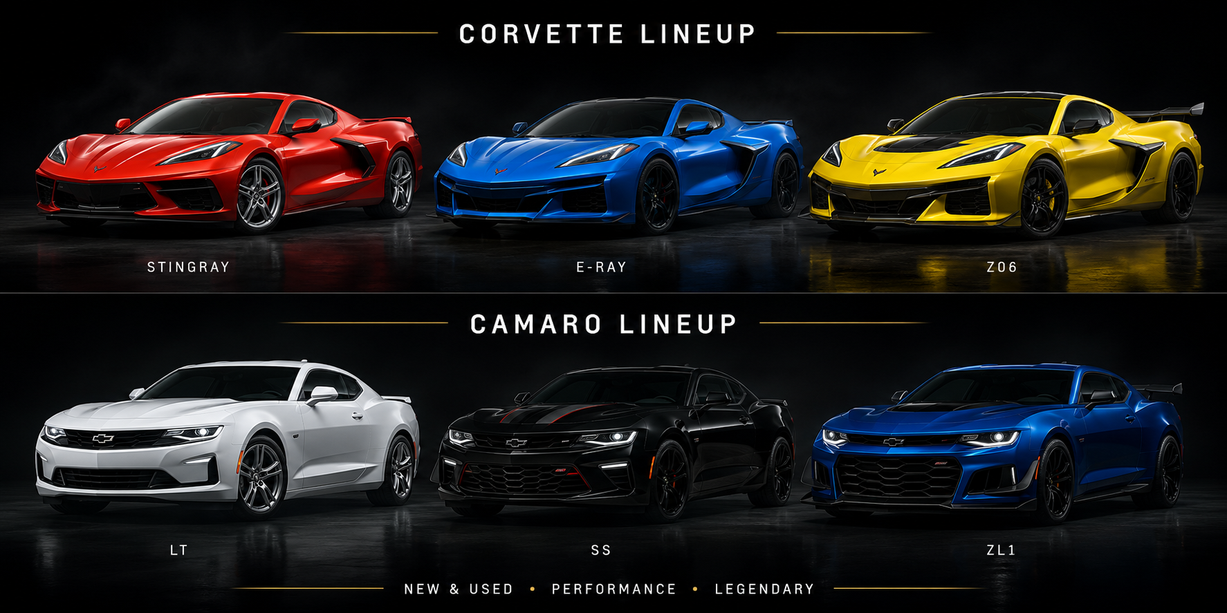 Chevrolet Corvette and Camaro lineup including Stingray E-Ray Z06 LT SS and ZL1